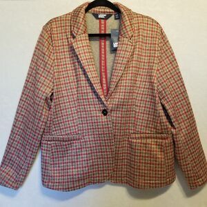 Lands End Womens L Blazer Knit Red and Cream Plaid Fleece Lined Classic Business
